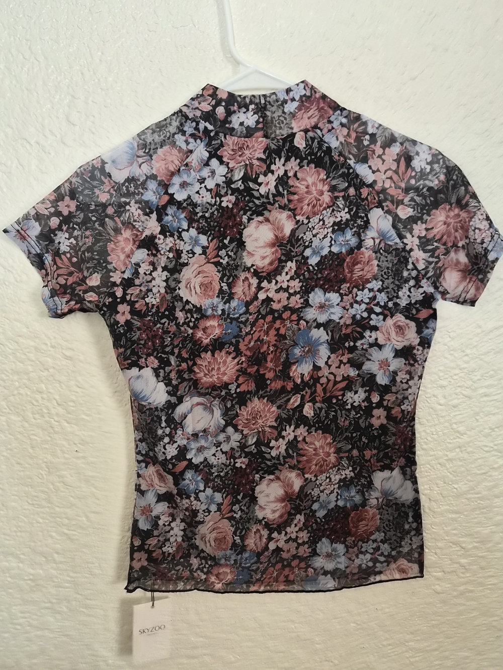 Zoom Black Floral Mesh Short Sleeve Top with Pink & Blue Blooms